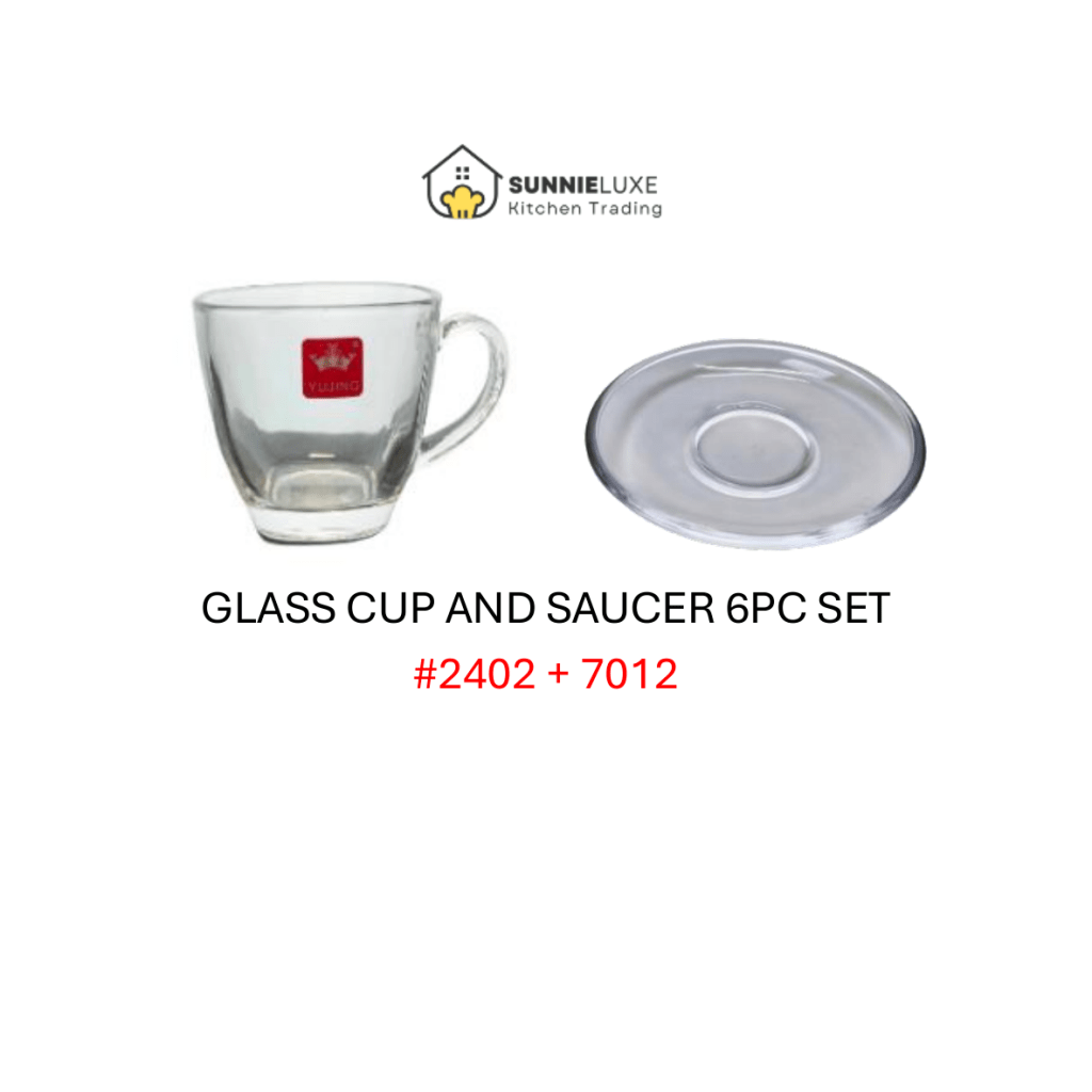 Clear glass cup with matching saucer for tea, coffee, or cappuccino service.