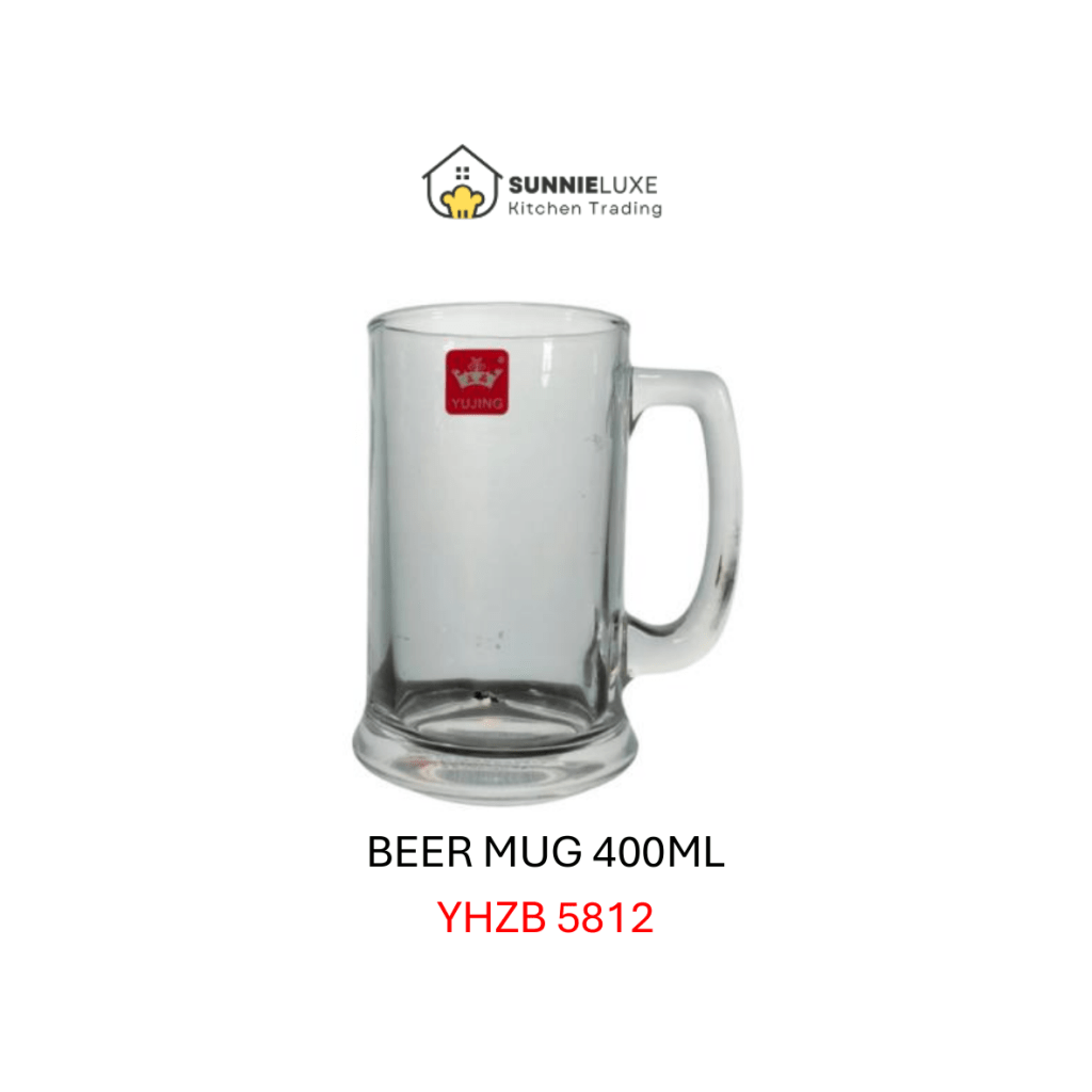 Classic tavern-style glass beer mug with thick base and sturdy handle for beer lovers.