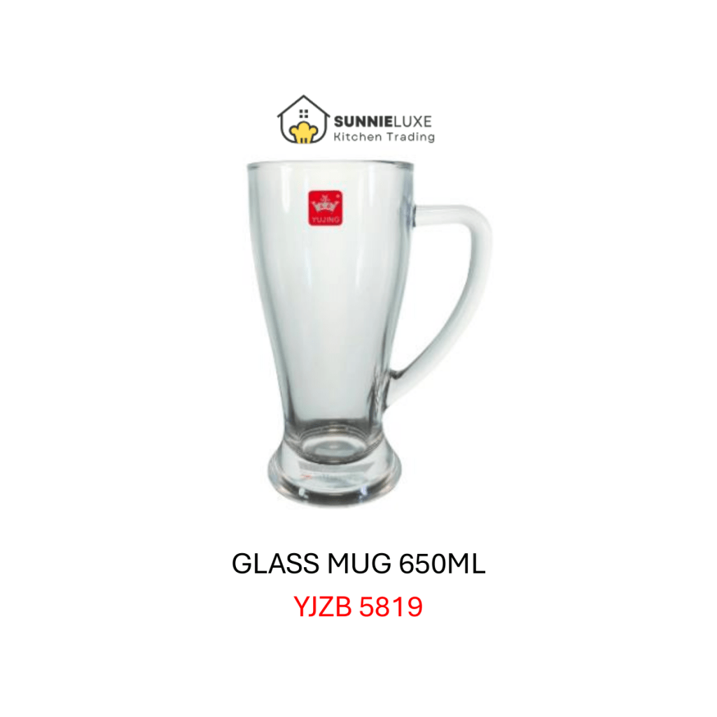 Glass beer mug with wide handle for game day