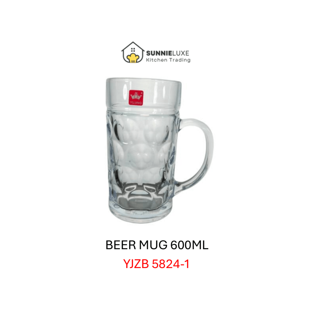 Glass beer mug designed to keep beverages cold and refreshing.