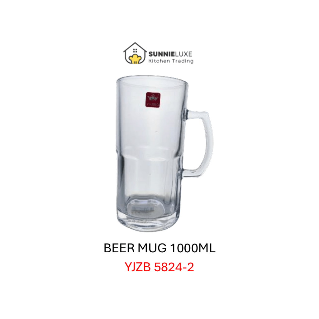 Oversized 1-liter glass beer mug for Oktoberfest and festive beer drinking.