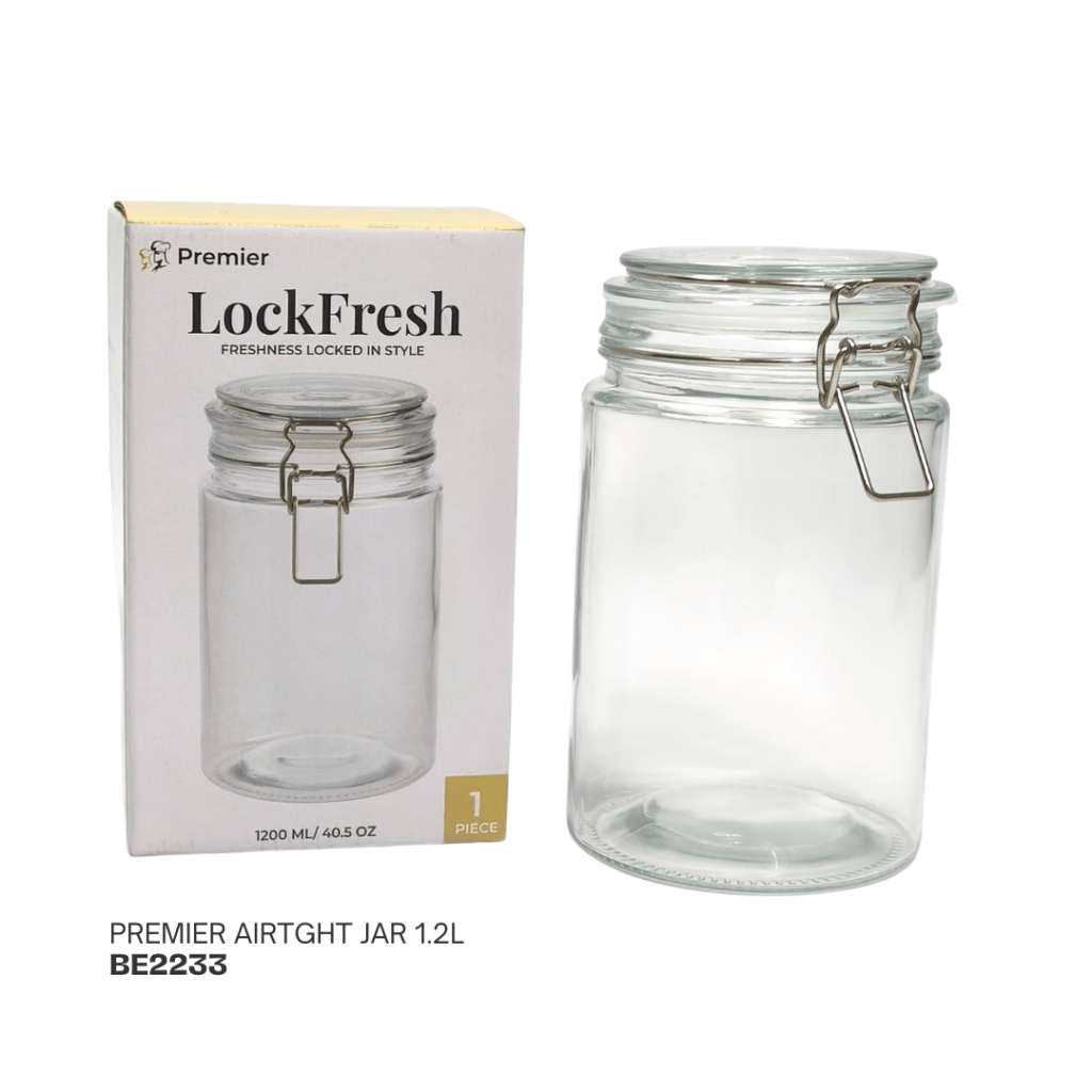 A Premier LockFresh airtight jar with a capacity of 1.2 liters, displayed alongside its packaging.