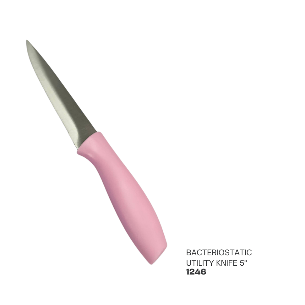 A bacteriostatic utility knife with a 5-inch stainless steel blade and a pink handle.