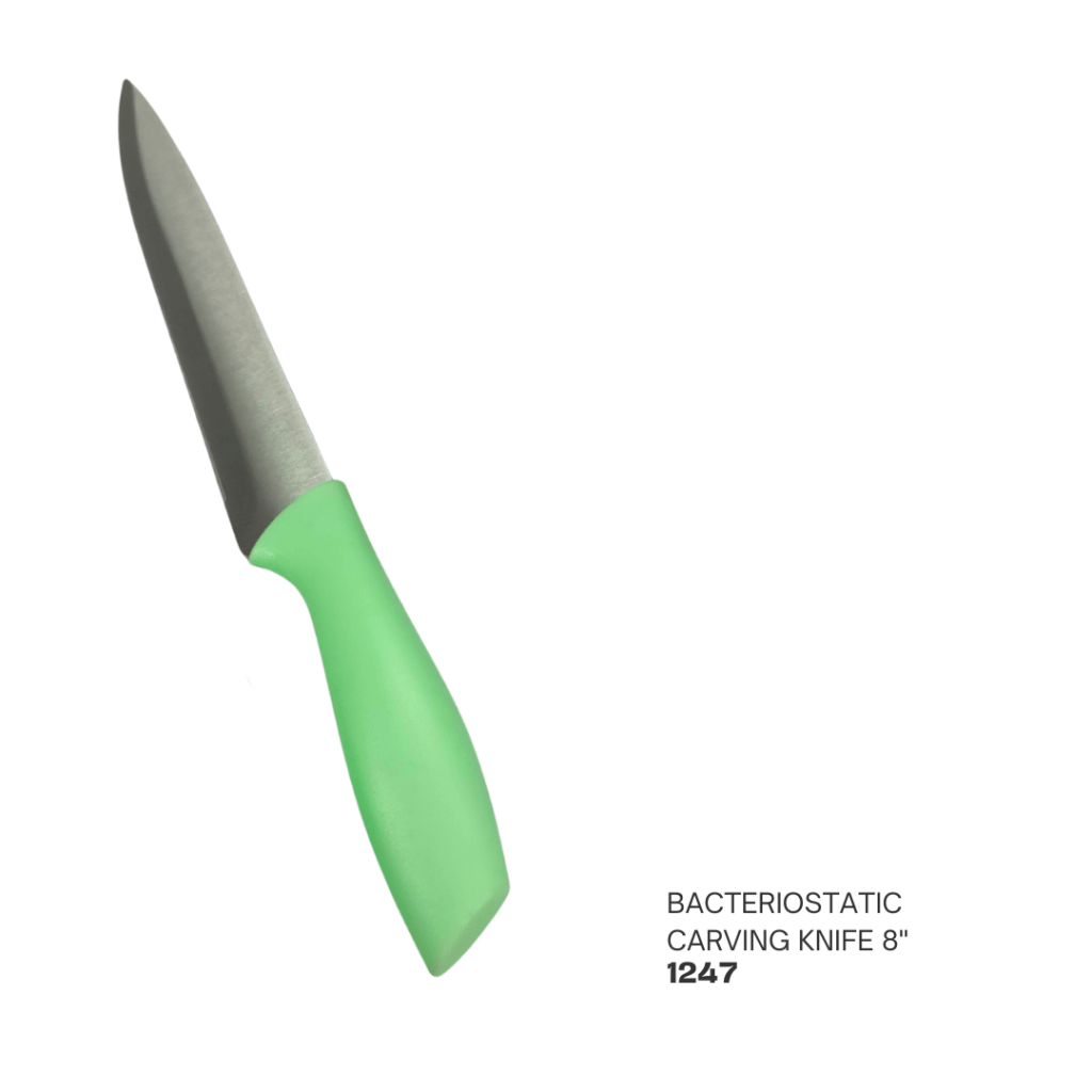 A bacteriostatic 8-inch carving knife with a stainless steel blade and a green handle.