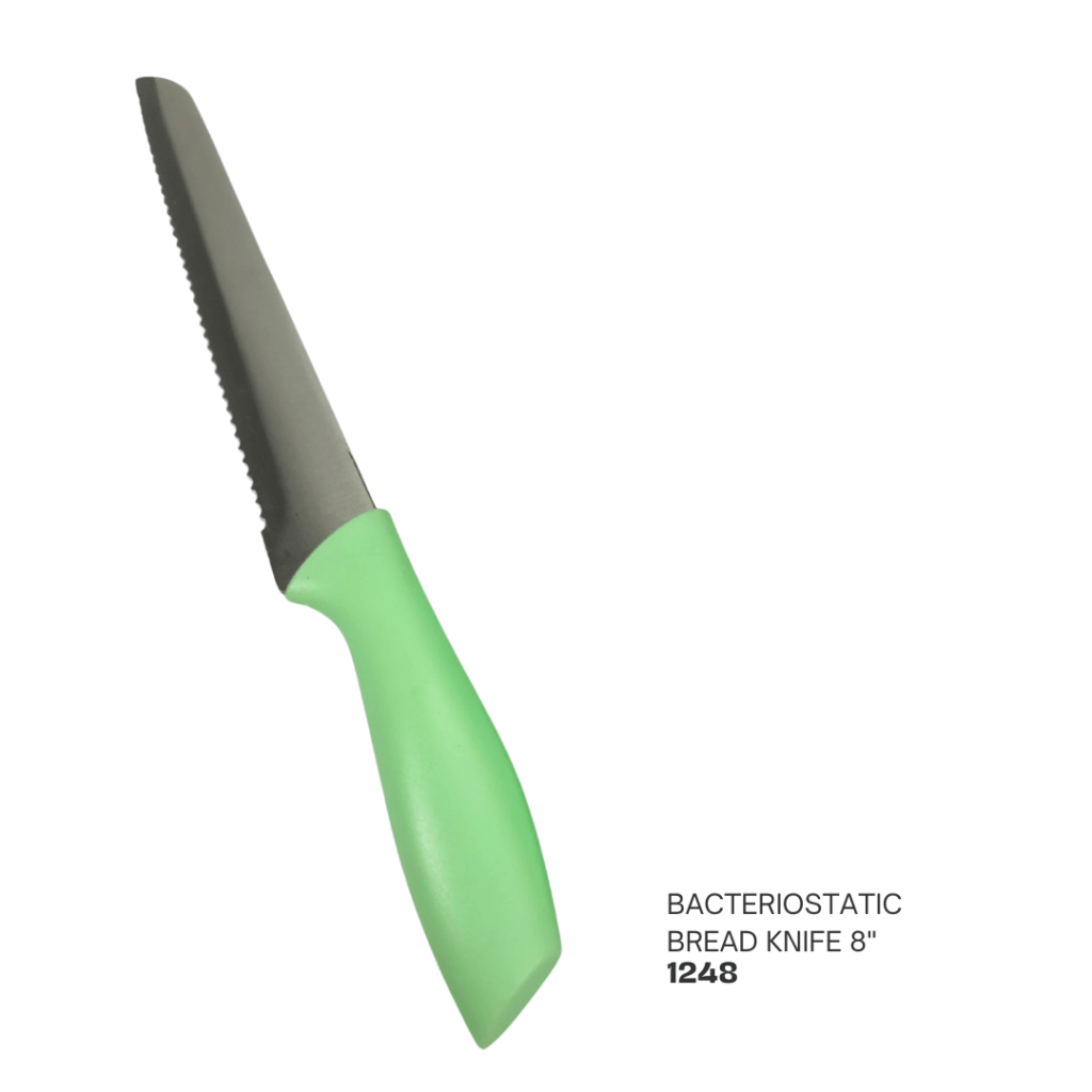 Bacteriostatic 8-inch bread knife with a green handle and serrated blade.