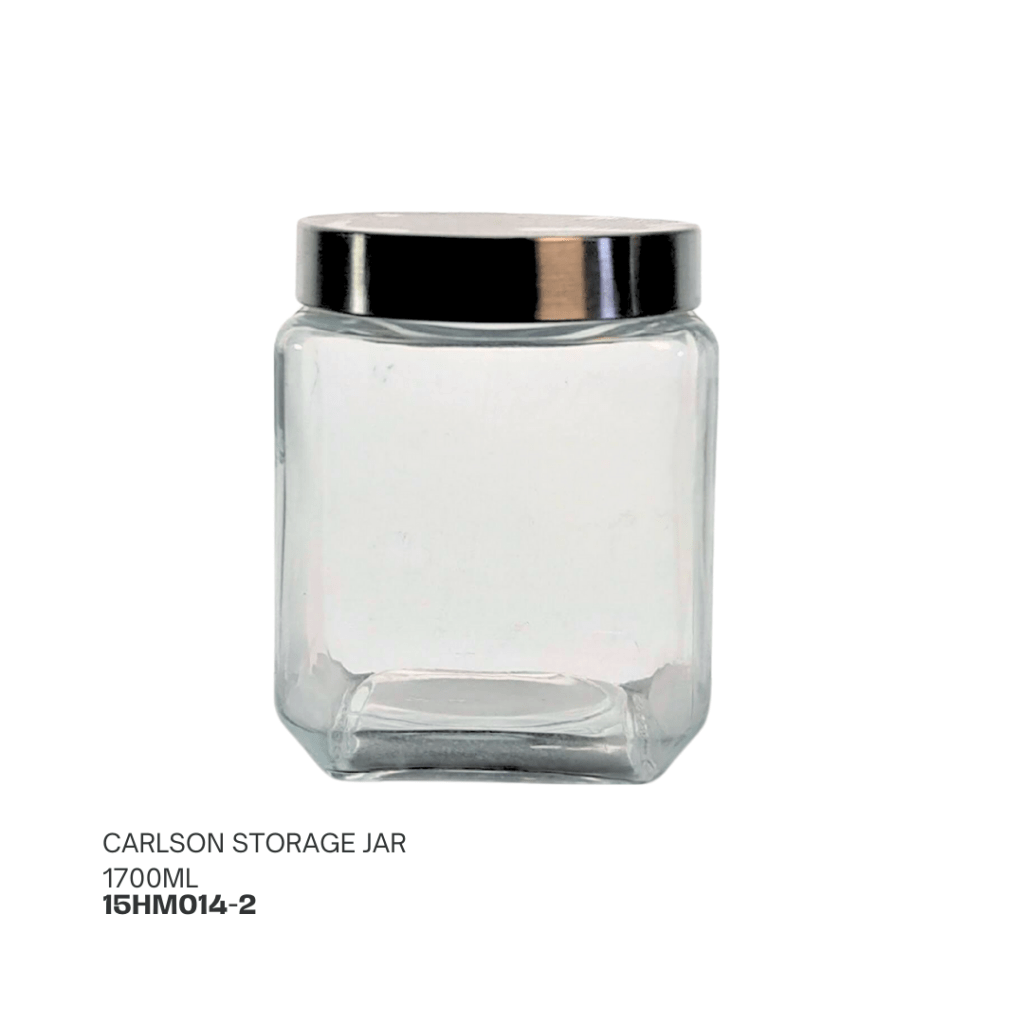 Clear glass storage jar with a metal lid, 1700ml capacity, labeled Carlson Storage Jar.