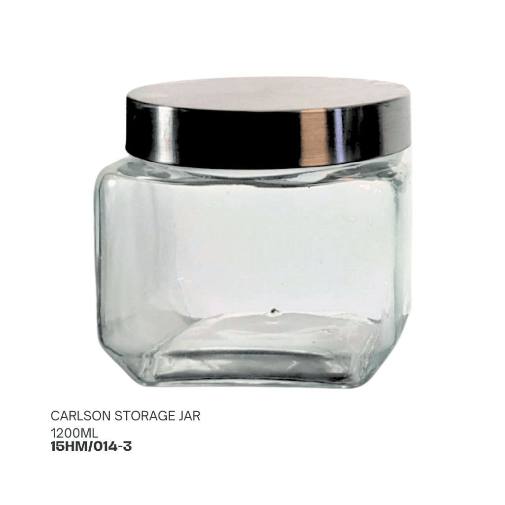 Clear glass storage jar with a silver metal lid, 1200ml capacity, labeled as 'Carlson Storage Jar'.