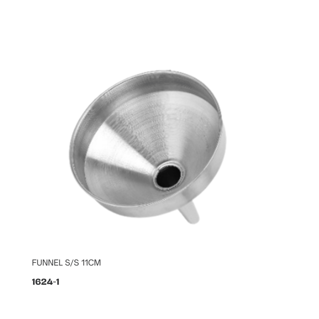 Stainless steel funnel, 11 cm in diameter, ideal for pouring liquids or fine ingredients.