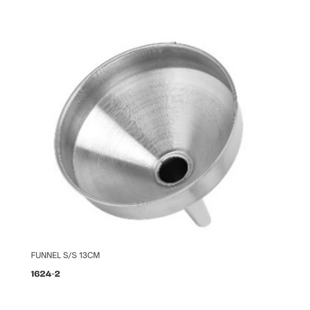 Stainless steel funnel measuring 13 cm in diameter