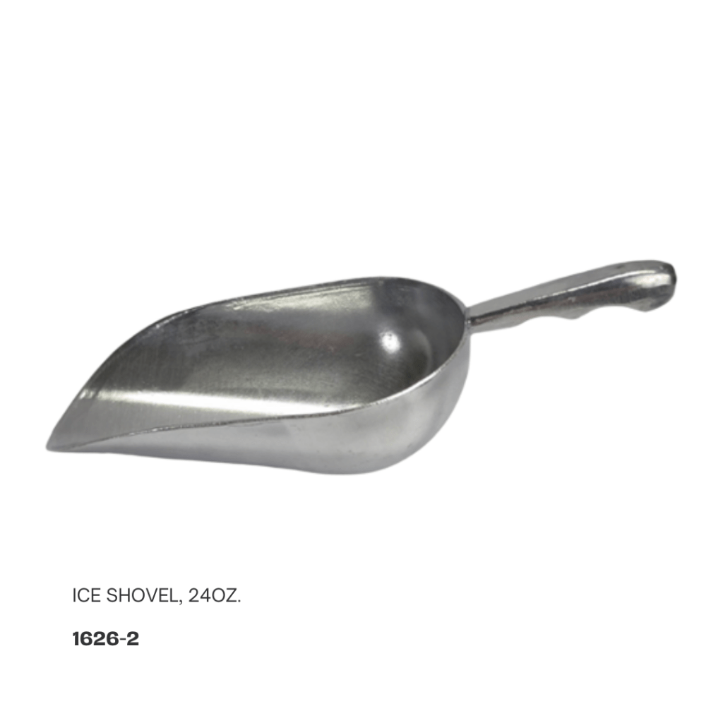 Metal ice shovel, 24oz capacity with a sturdy handle.