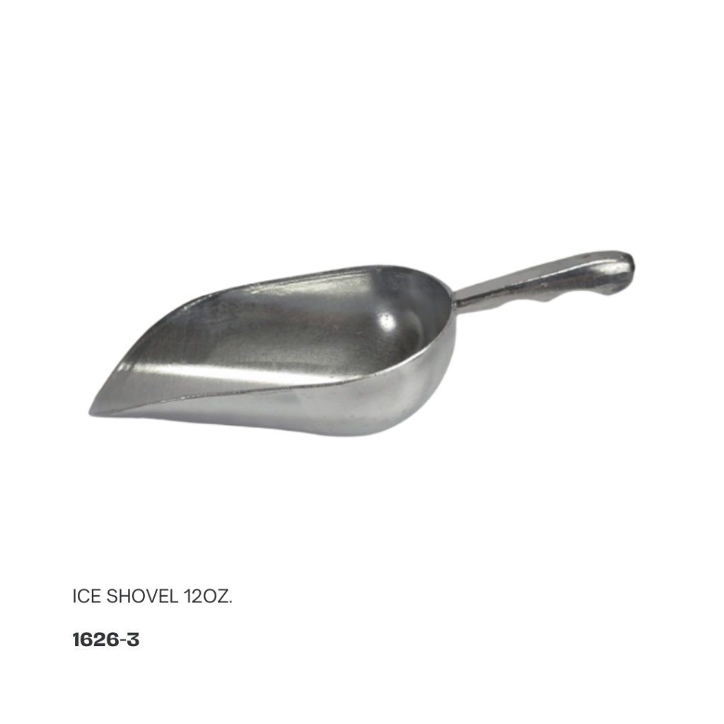 Metal ice shovel, 12 oz size, with a curved scoop and handle.