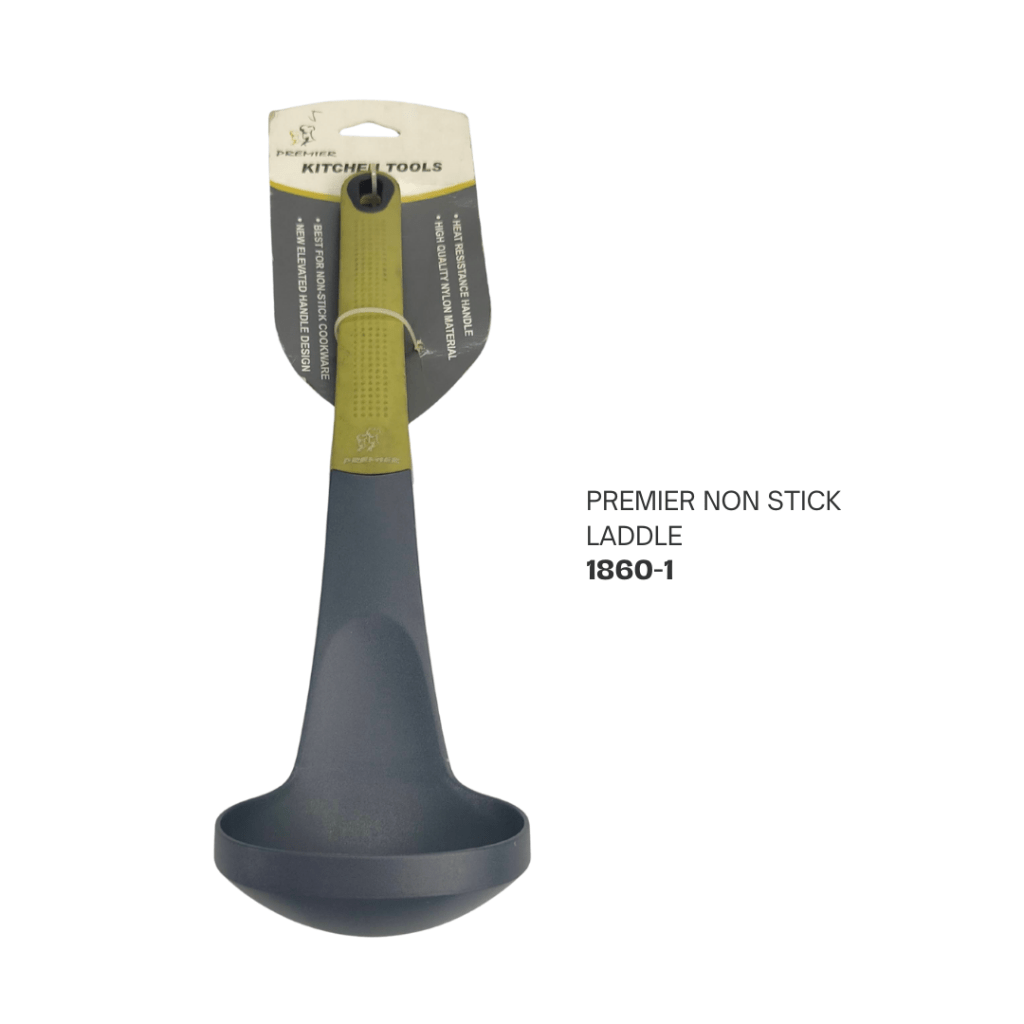 Premier non-stick ladle with a grey bowl and green handle, packaged for retail display.