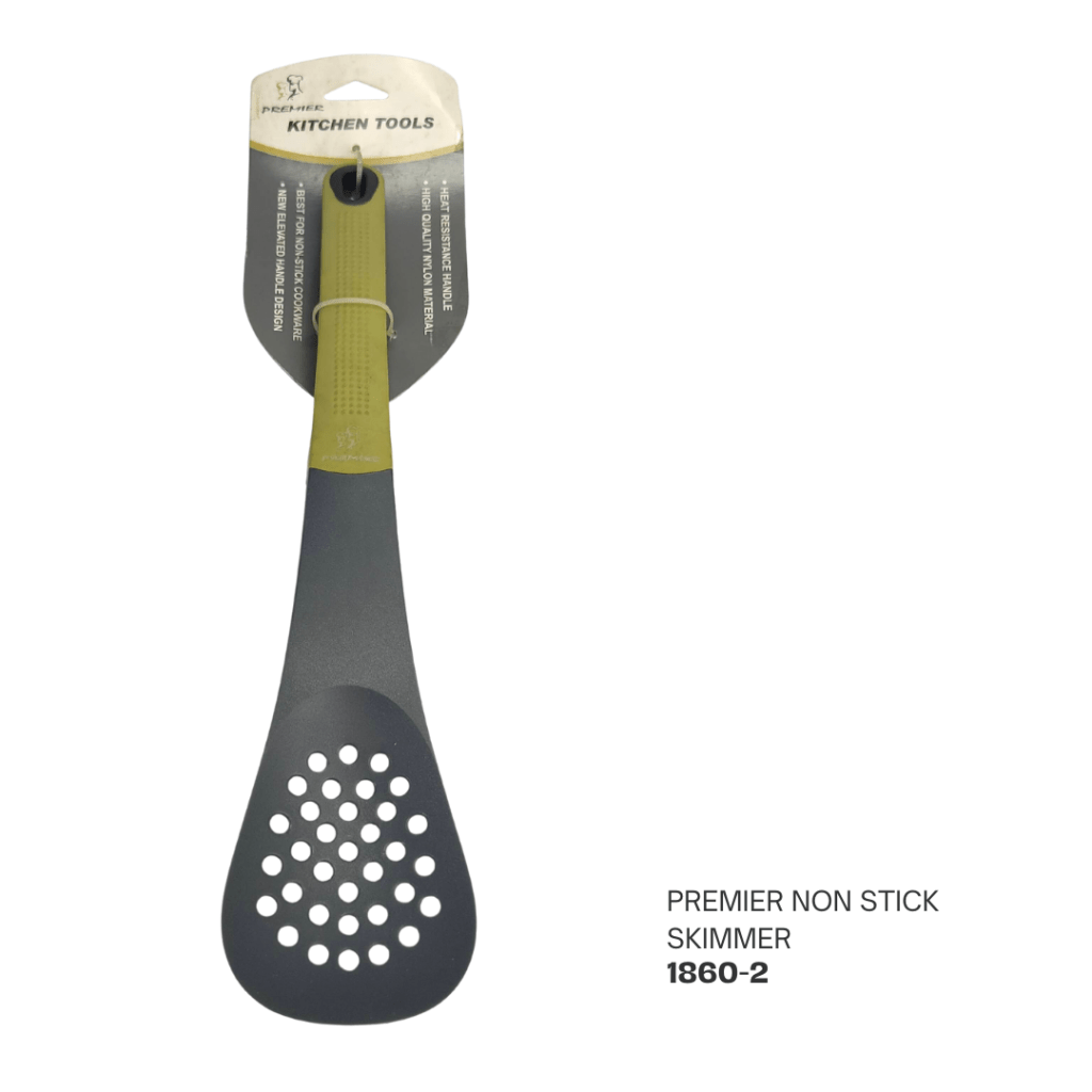 A premier non-stick skimmer with a perforated spatula head and a sturdy handle, displayed with packaging.