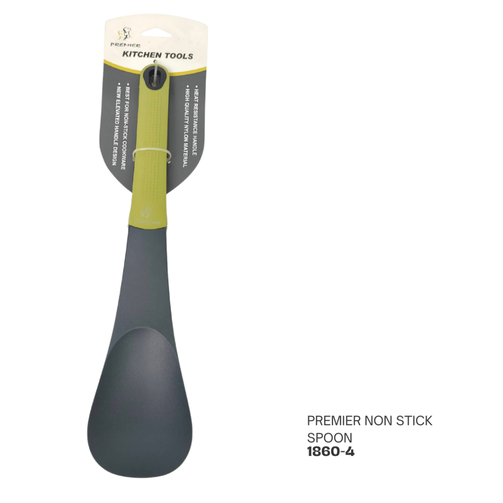 A Premier non-stick spoon with a green handle and a sleek, gray spoon head, displayed on a cardboard packaging.