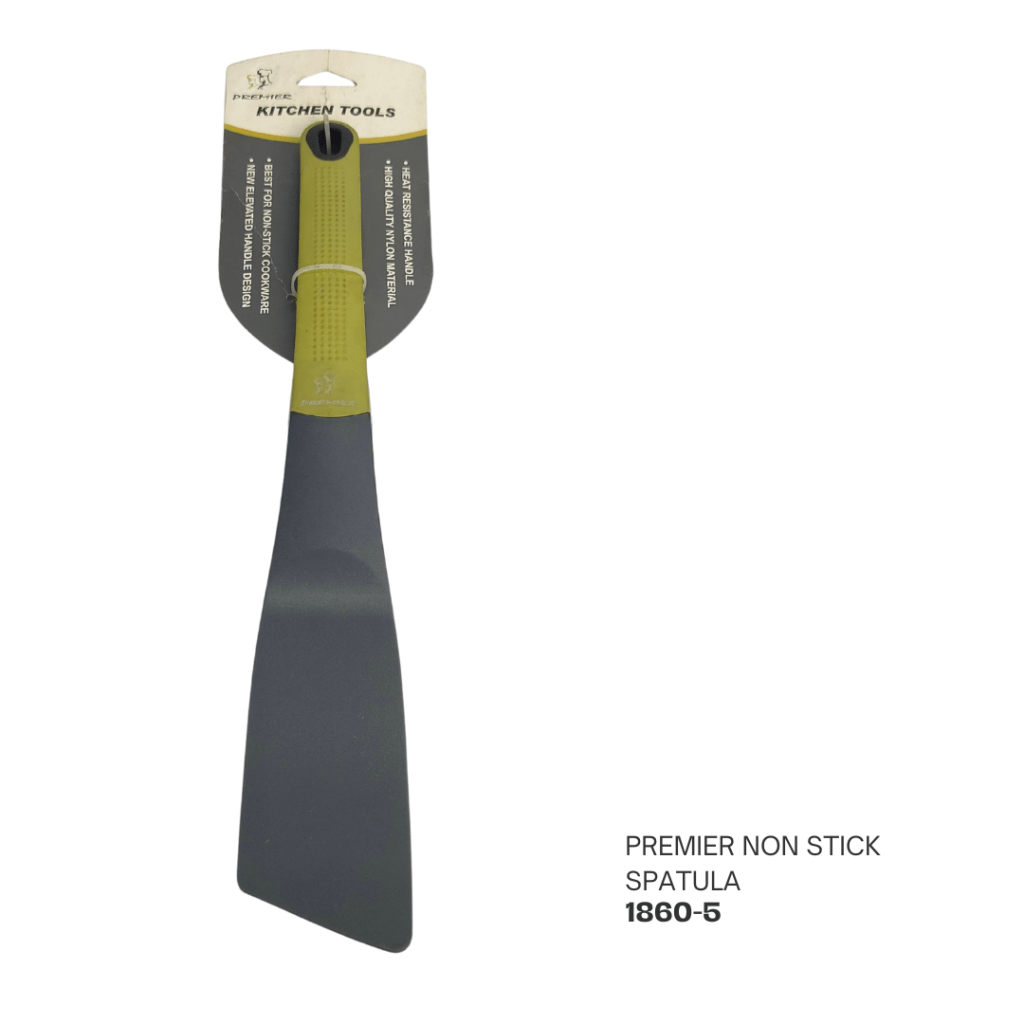Premier non-stick spatula with a flexible blade and green handle, designed for cooking and baking.
