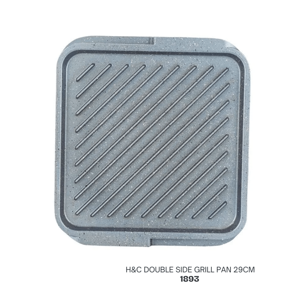 Top view of a 29cm double-sided grill pan with a textured surface and a gray finish, labeled 'H&C DOUBLE SIDE GRILL PAN 29CM 1893'.
