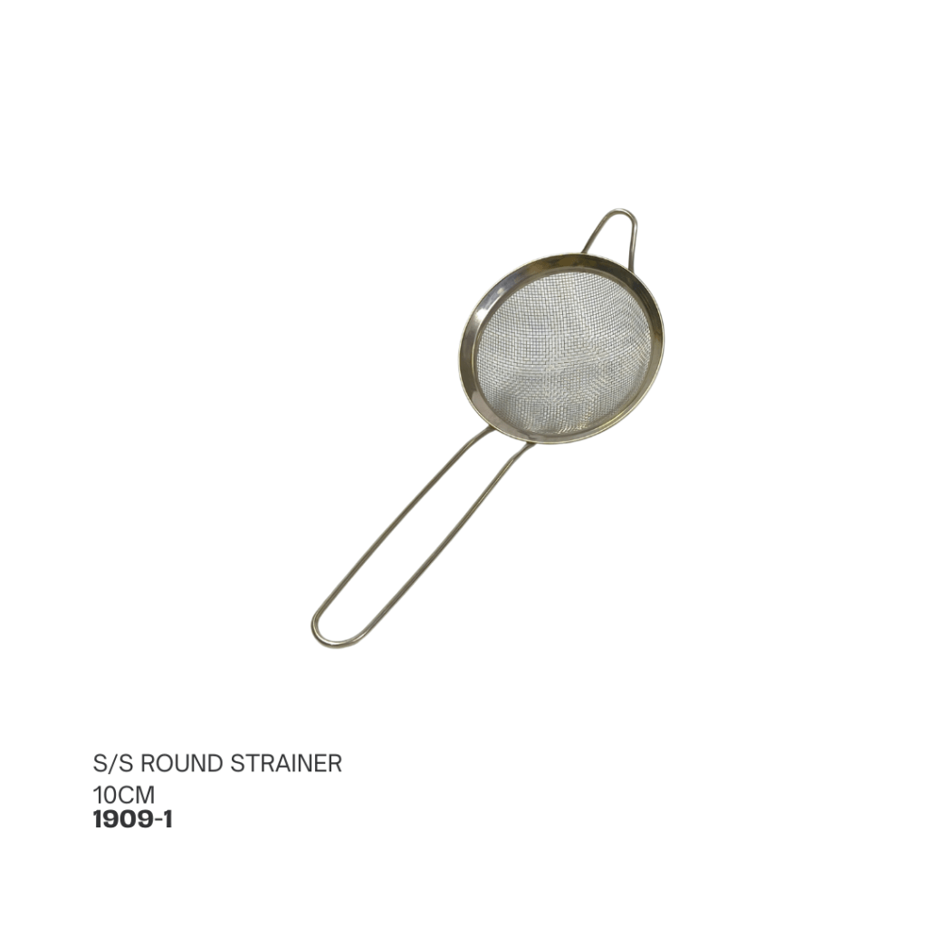 Stainless steel round strainer with a 10cm diameter and a handle.