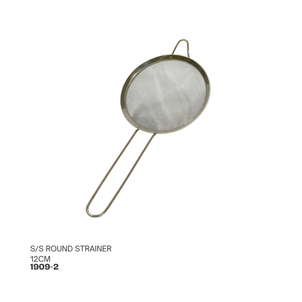 Stainless steel round strainer with a diameter of 12cm and two handles.