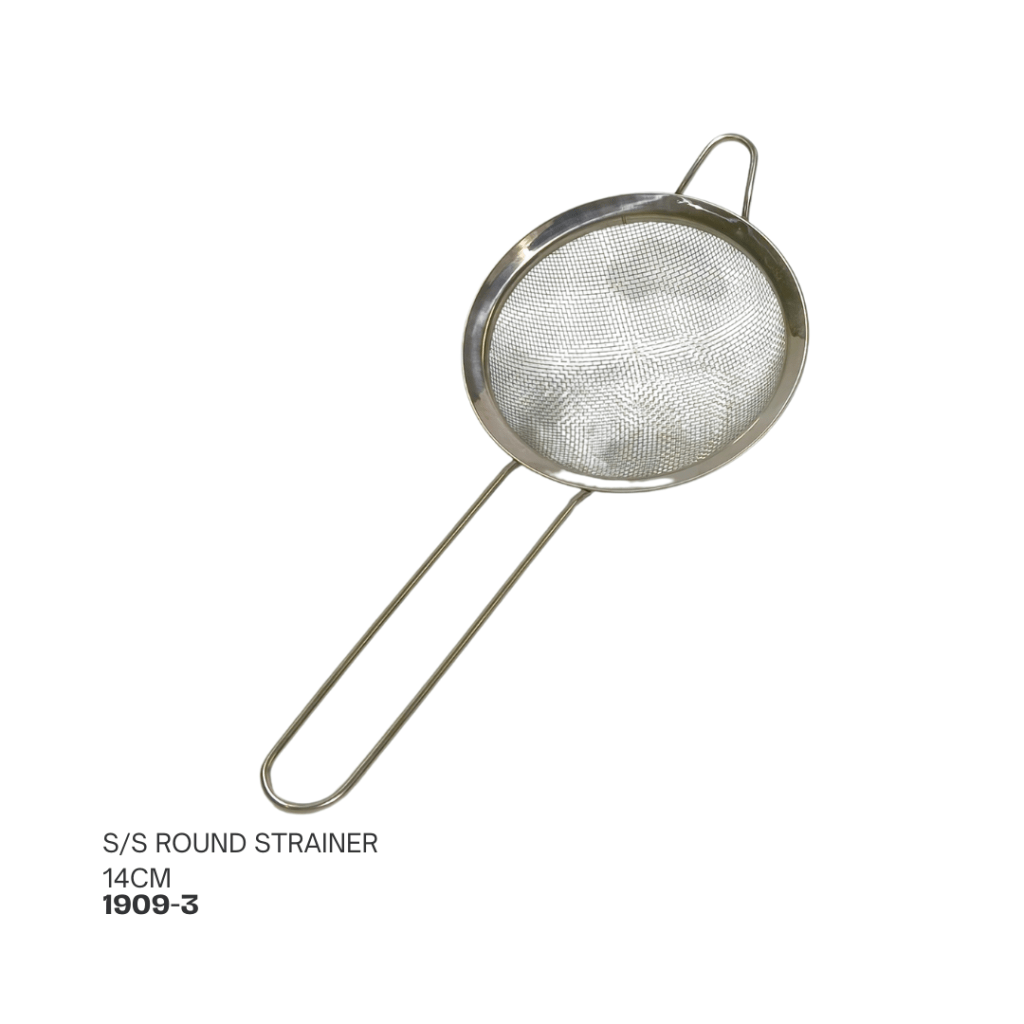 A stainless steel round strainer with a diameter of 14 cm, featuring a fine mesh design and two handles.