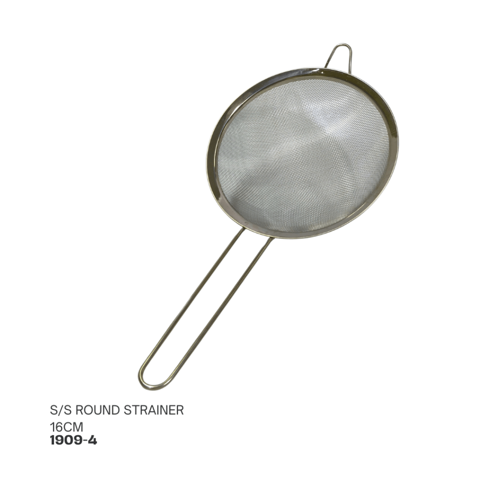 Round stainless steel strainer with a diameter of 16cm, featuring two handles for easy handling.