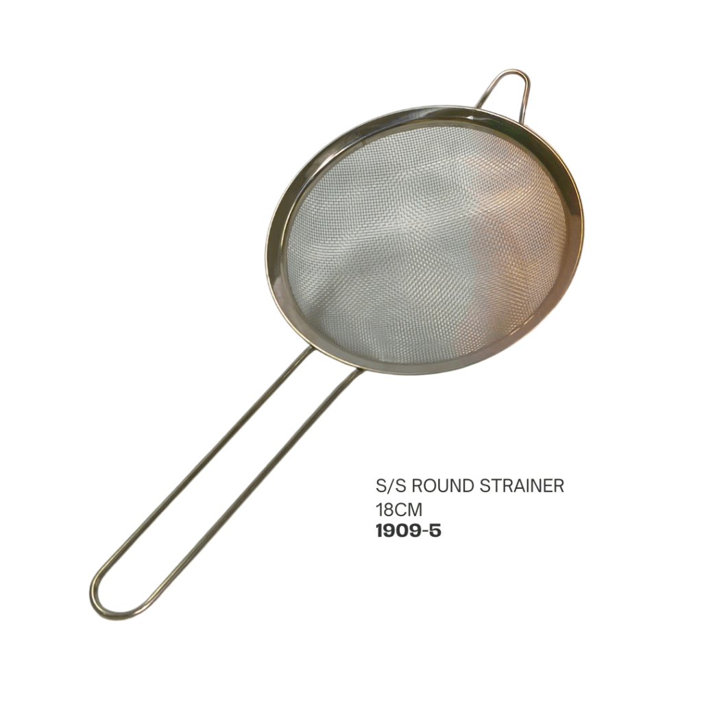 Round stainless steel strainer, 18cm diameter, with two handles.