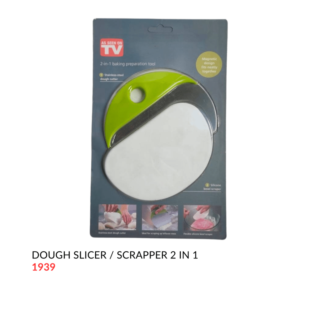 Packaging of a 2-in-1 dough slicer and scraper tool, featuring a stainless-steel cutter and a flexible silicone bowl scraper.