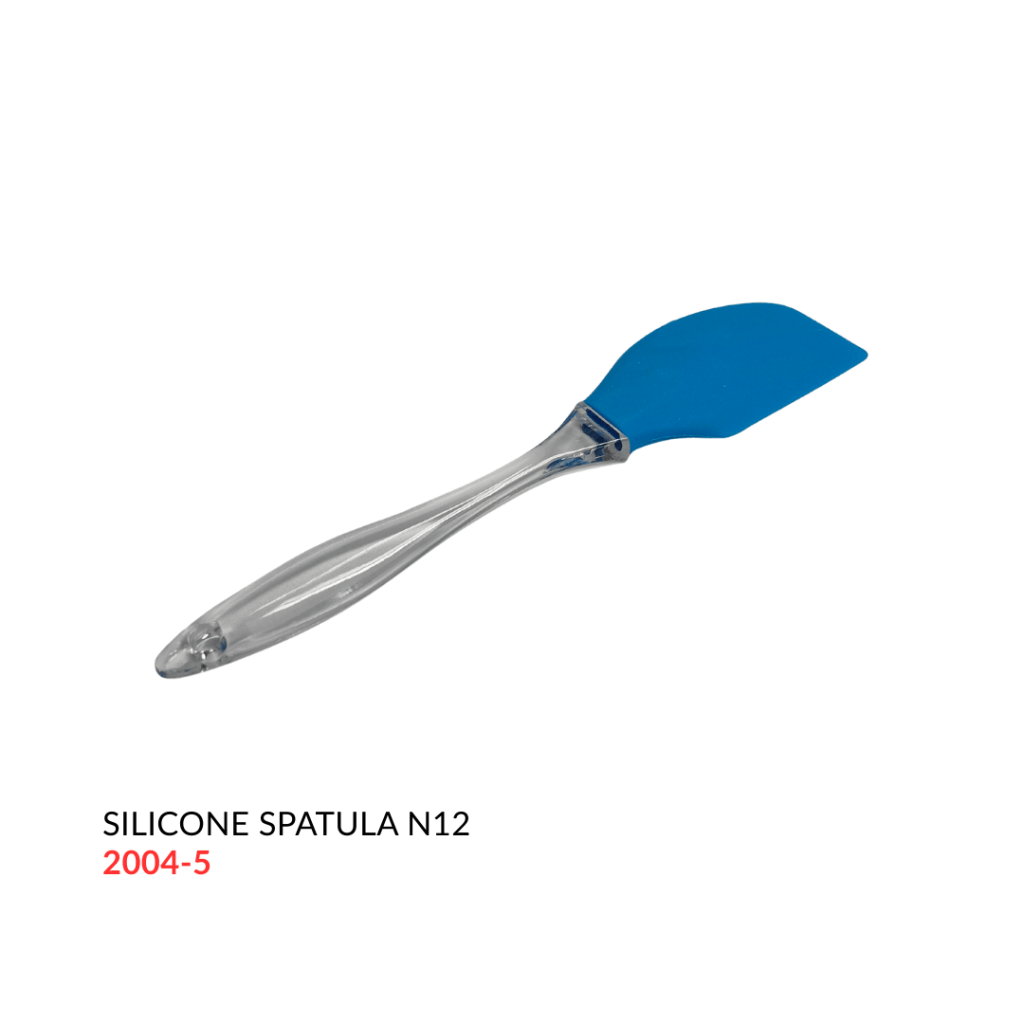 Blue silicone spatula with a clear handle, labeled 'SILICONE SPATULA N12 2004-5'.