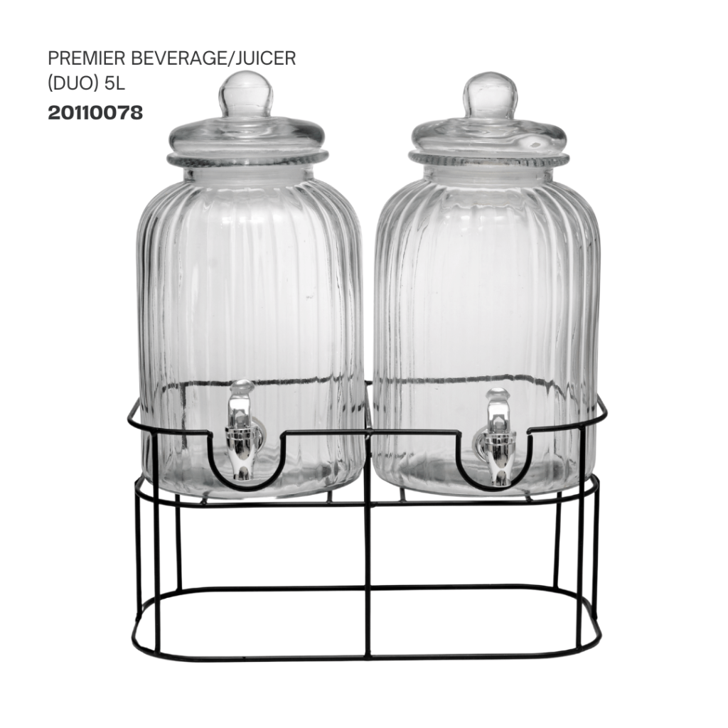 Two clear glass beverage dispensers with black metal stand, labeled as 'Premier Beverage/Juicer (Duo) 5L'.
