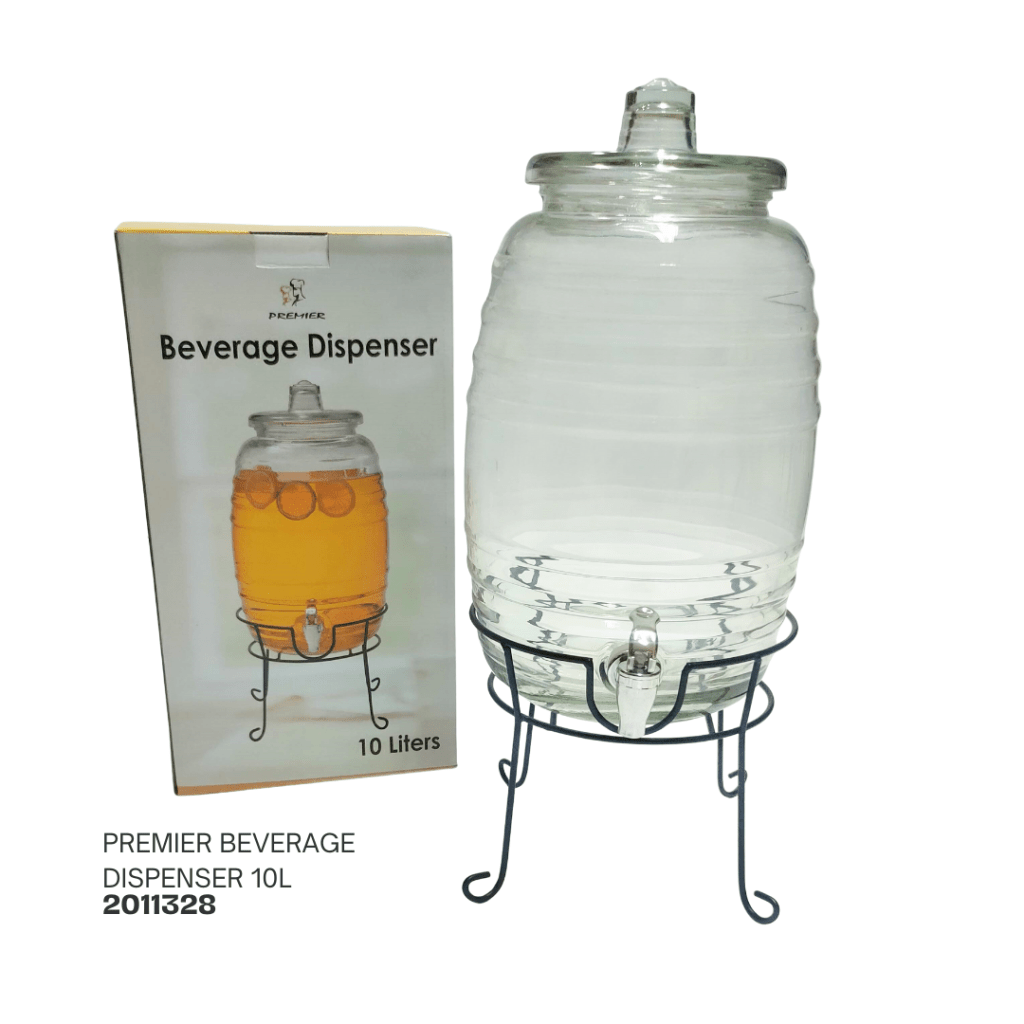 A 10-liter glass beverage dispenser displayed next to its packaging, featuring a spout and placed on a metal stand.