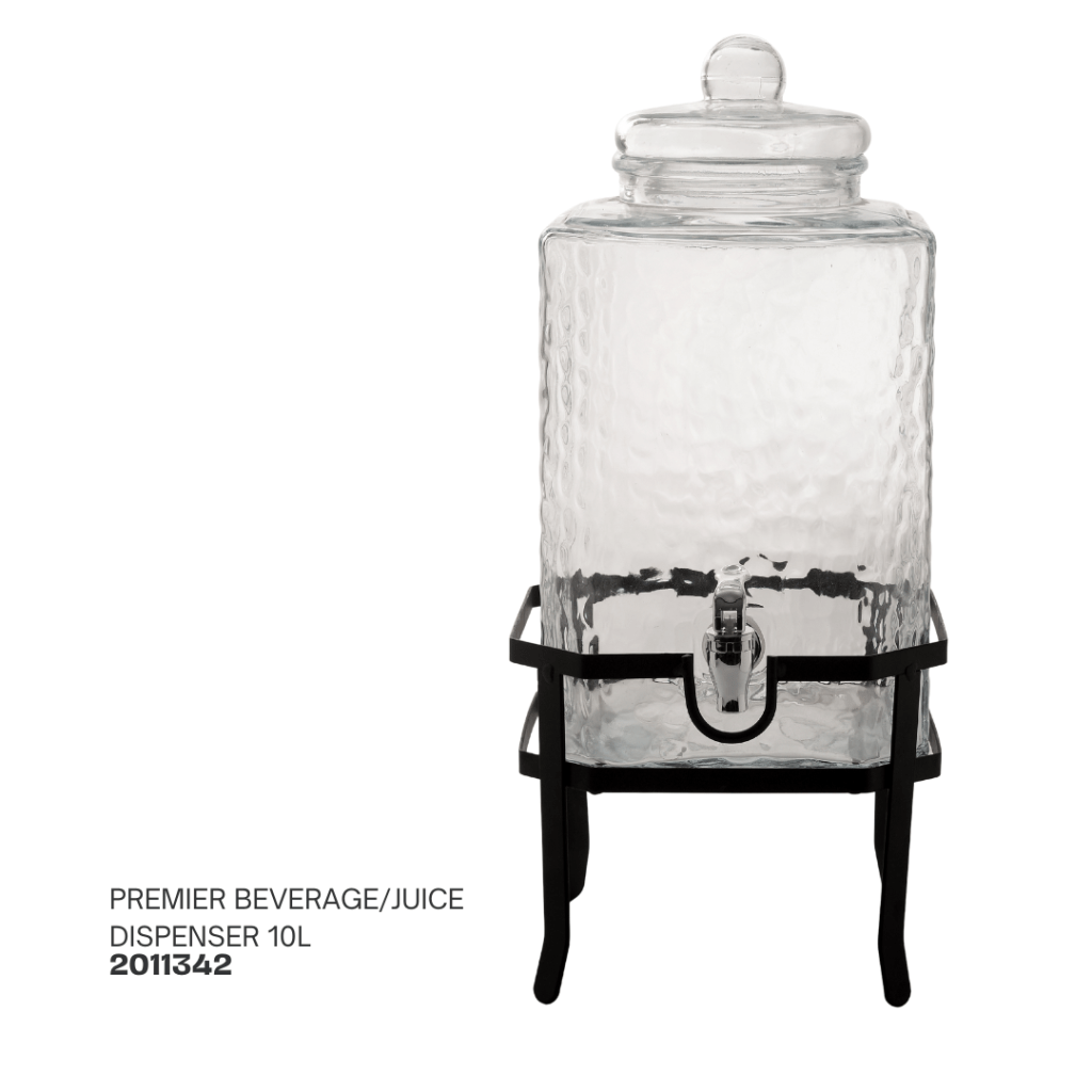 Clear glass beverage dispenser with a hammered texture, 10L capacity, resting on a black metal stand.