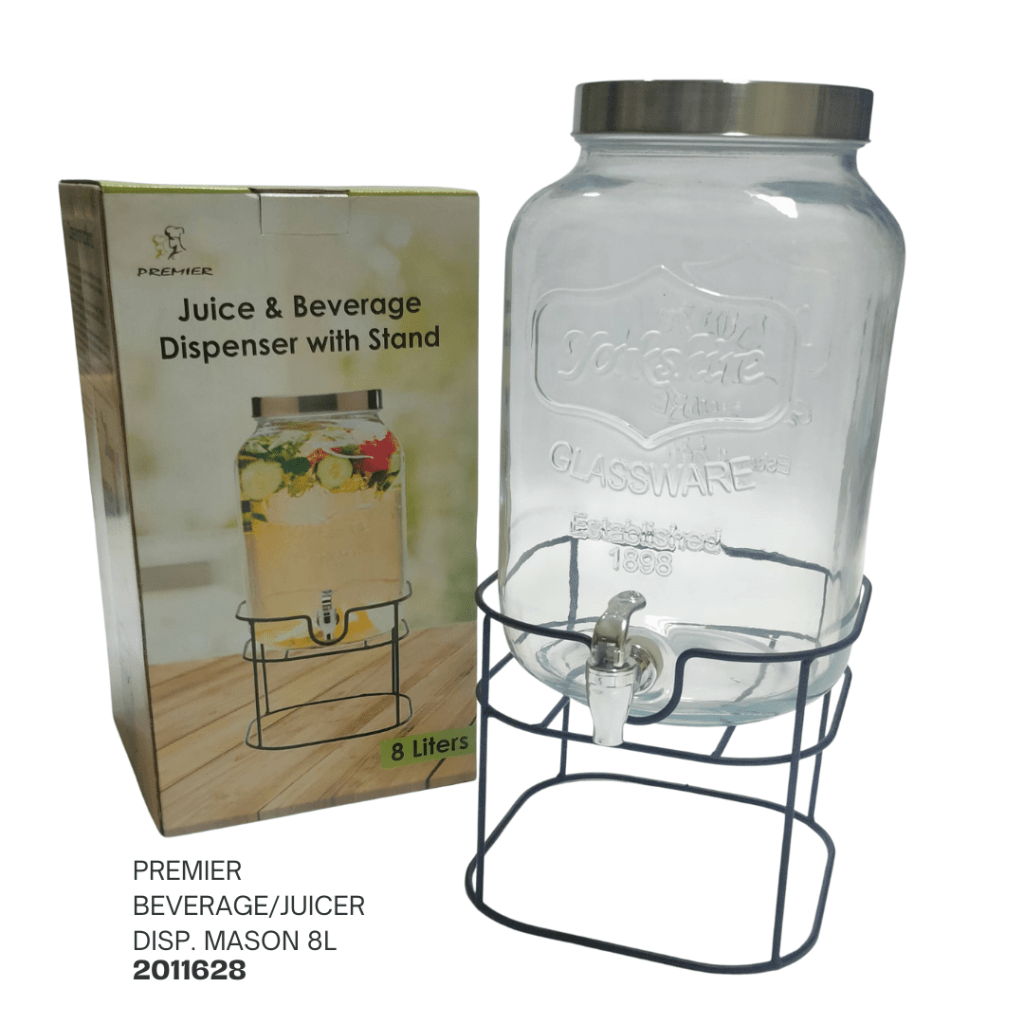 Glass juice and beverage dispenser with a metal stand, displaying a product box. The dispenser has a spout and is designed to hold 8 liters.