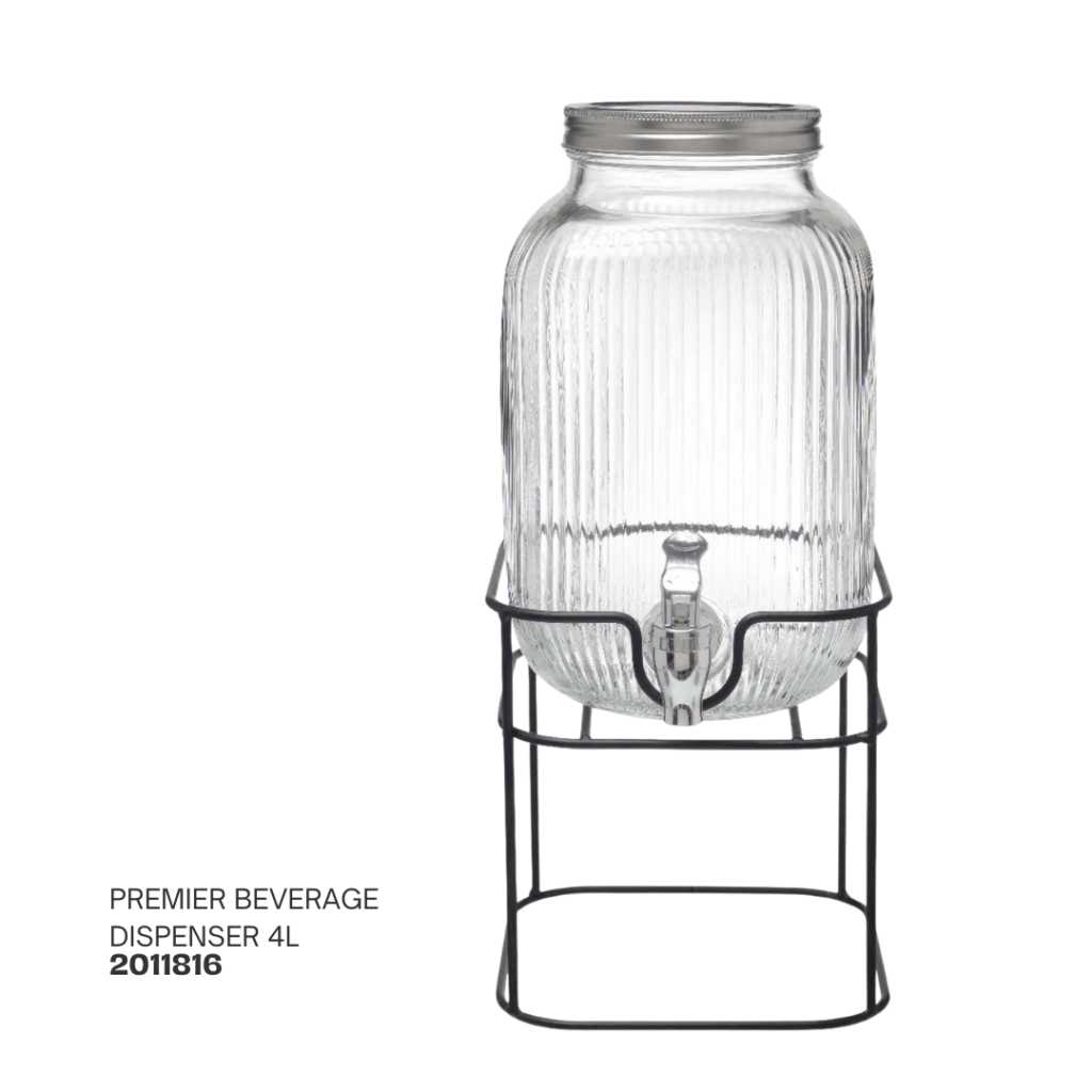 4-liter Premier beverage dispenser with a clear glass jar and metal stand.