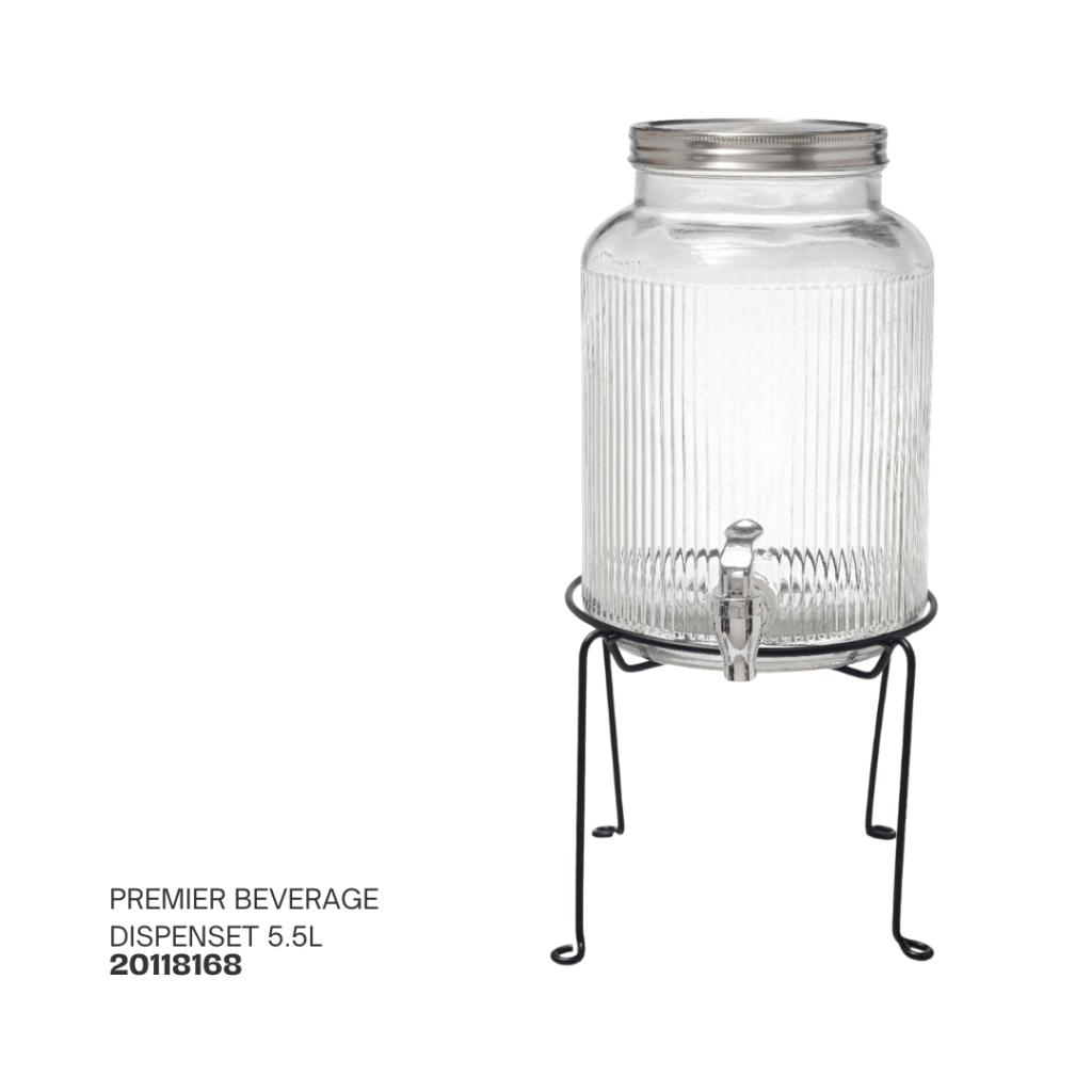 Glass beverage dispenser on a metal stand, with a capacity of 5.5 liters.