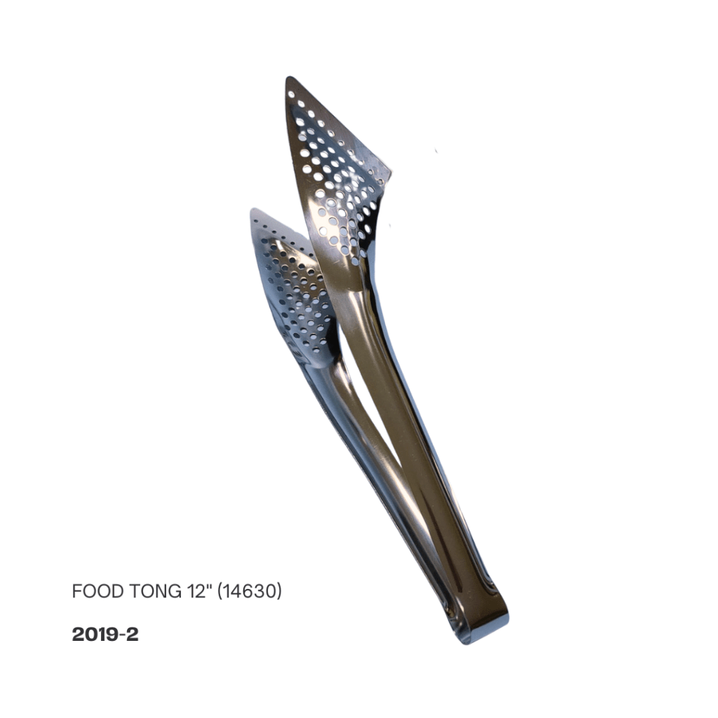 A pair of stainless steel food tongs, 12 inches long, featuring perforated heads for easy gripping and serving.