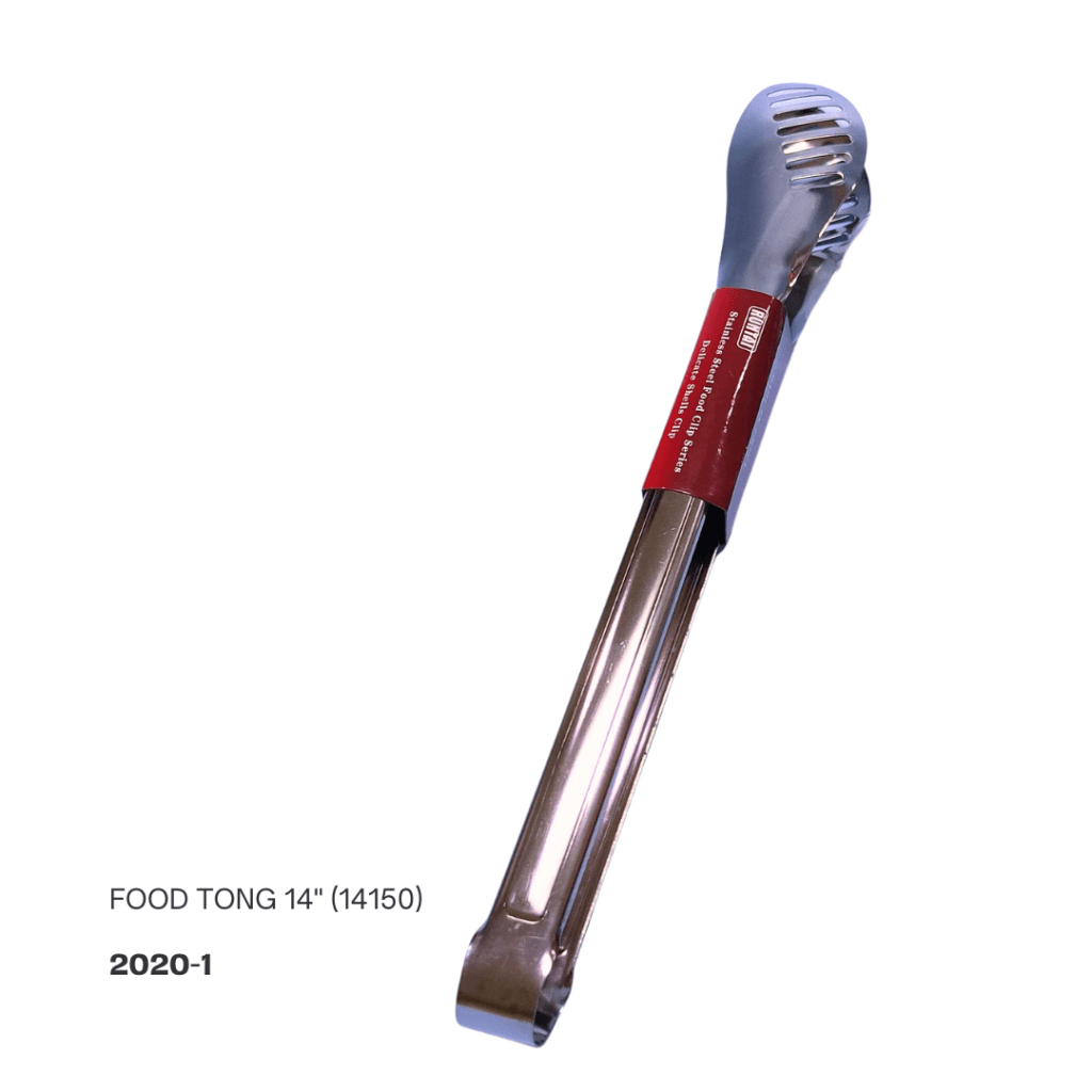14-inch stainless steel food tongs with a slotted design for easy handling.