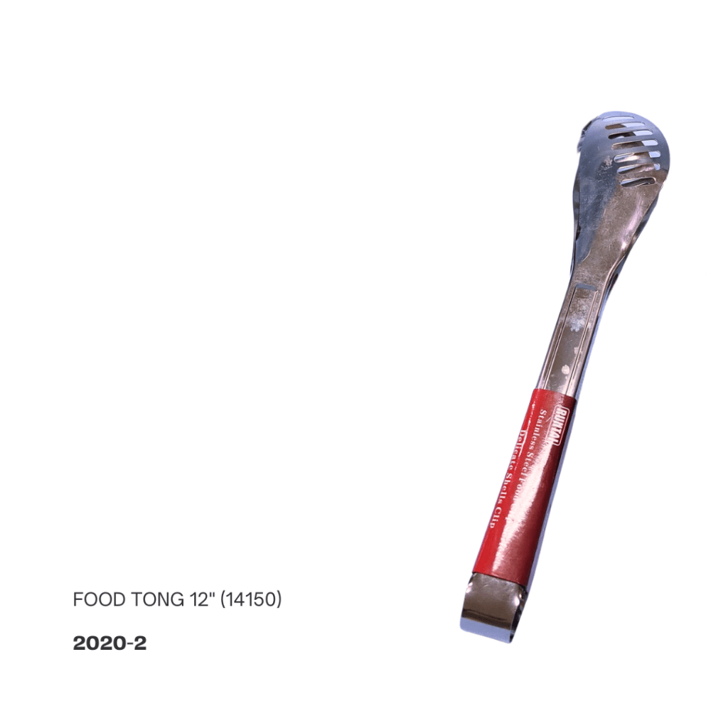 A 12-inch metal food tong with a red grip and slotted ends, labeled with 'FOOD TONG 12" (14150)'