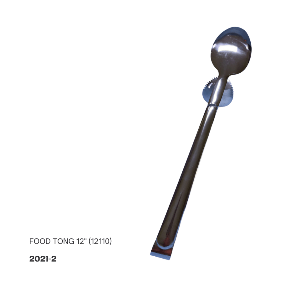 A 12-inch stainless steel food tong with a spoon-shaped end, labeled as 'FOOD TONG 12" (12110)'.