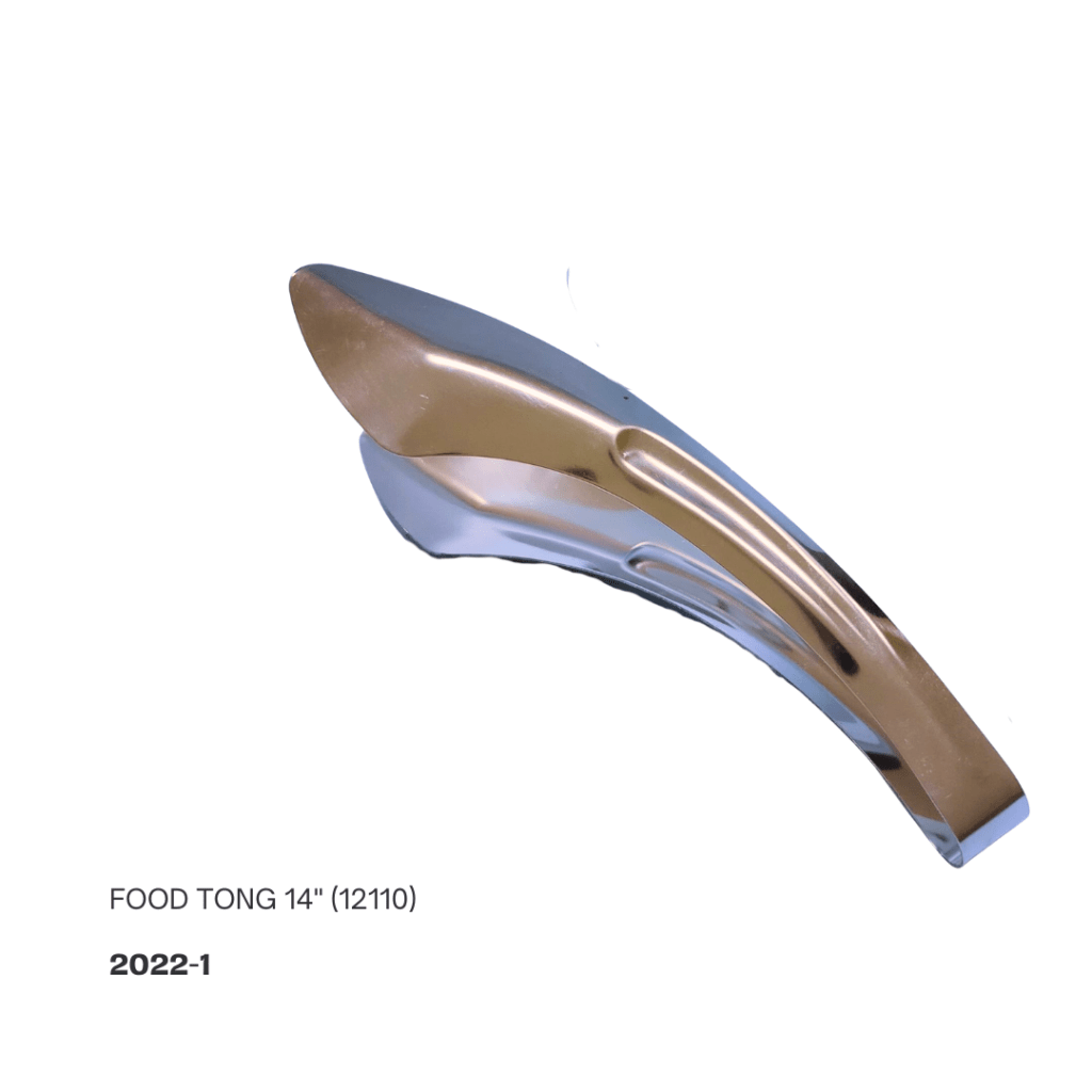 14-inch stainless steel food tong with a shiny silver finish and a curved, easy-grip handle.