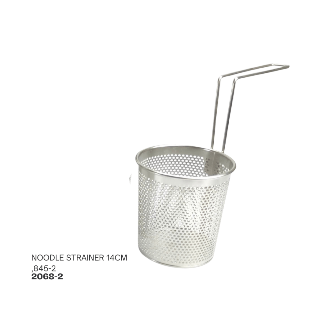Stainless steel noodle strainer with a 14cm diameter and a long handle.