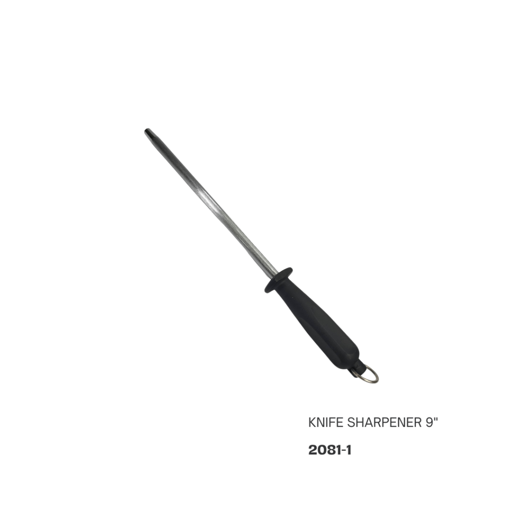 A 9-inch knife sharpener with a metal rod and black rubber handle.