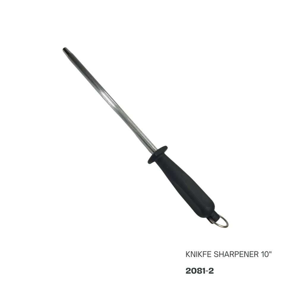 10-inch knife sharpener with a black handle and a steel rod