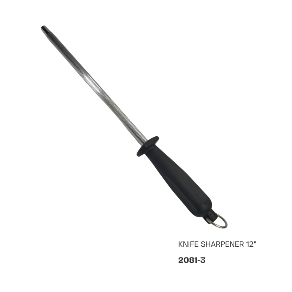 A 12-inch knife sharpener with a long metallic rod and a black rubber handle.