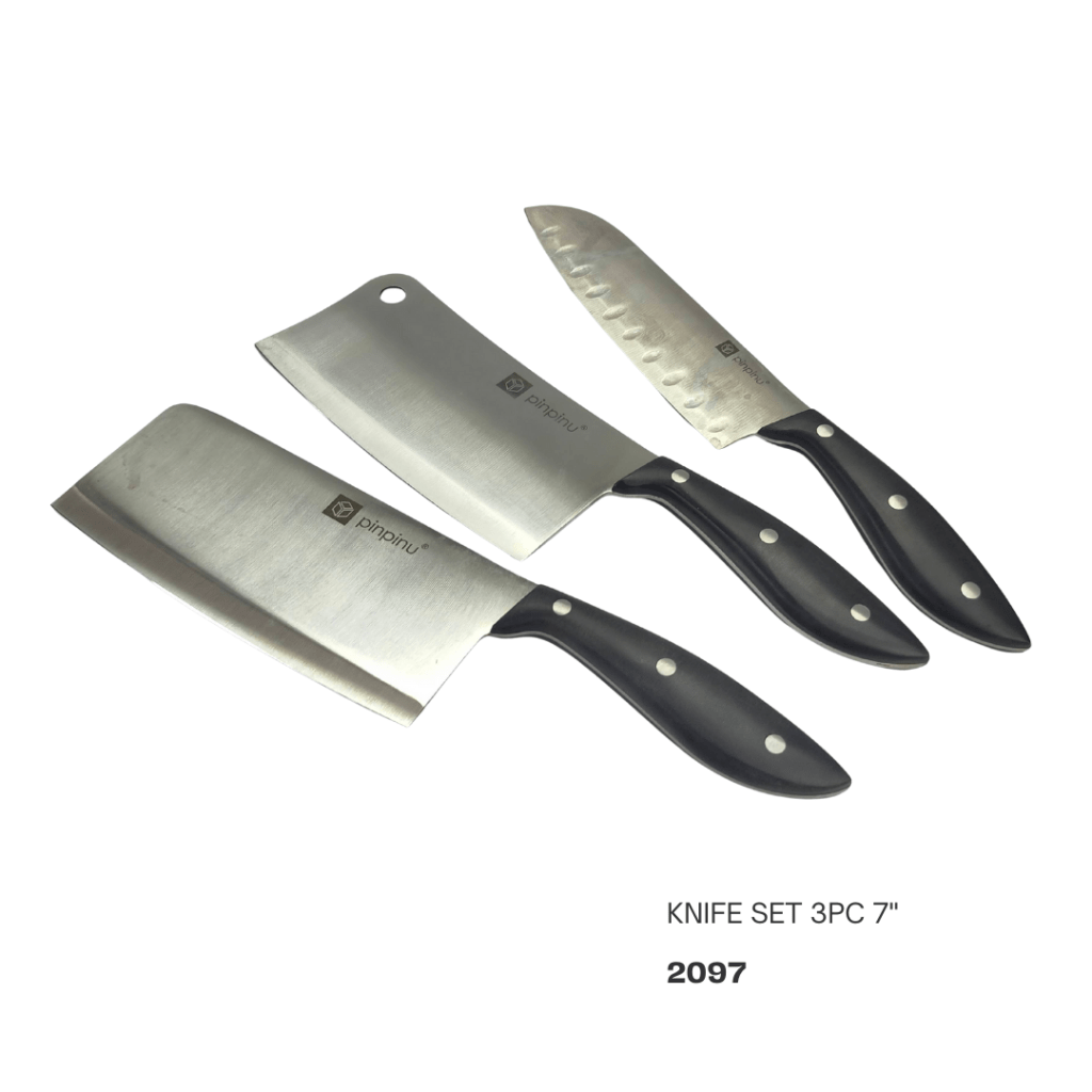 Three-piece knife set featuring a cleaver, a chef's knife, and a paring knife, all with stainless steel blades and black ergonomic handles.