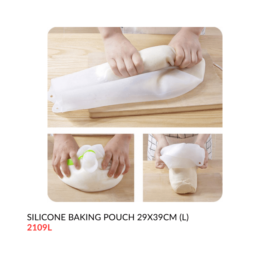 Image of a silicone baking pouch being used to knead dough on a wooden surface.