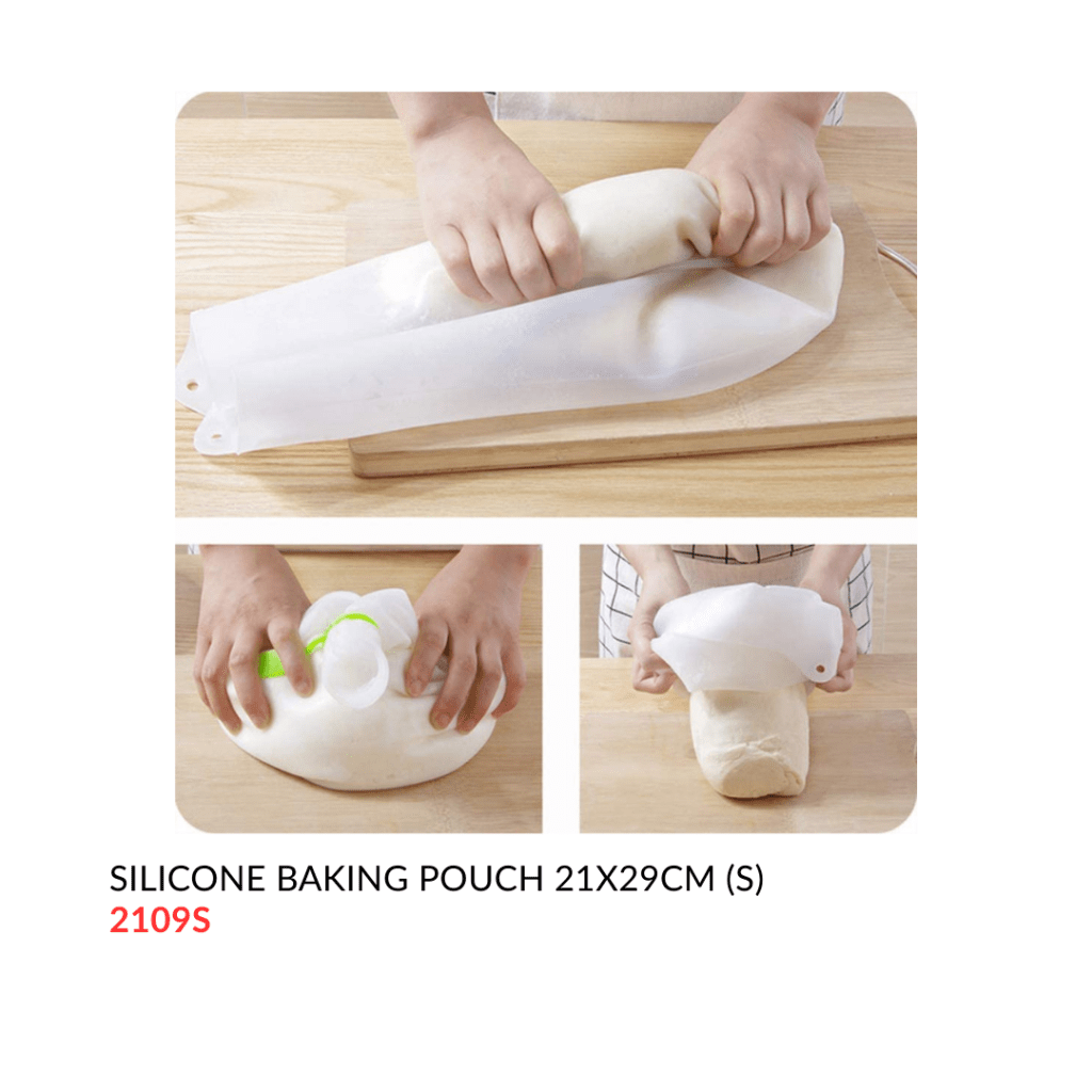 A person using a silicone baking pouch to knead and shape dough on a wooden surface. Various angles of the pouch in use are shown.