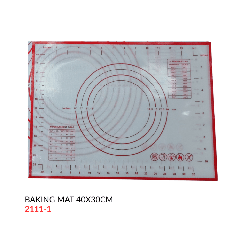 Silicone baking mat measuring 40x30 cm with measurement guidelines in inches and centimeters, featuring concentric circles for easy rolling.