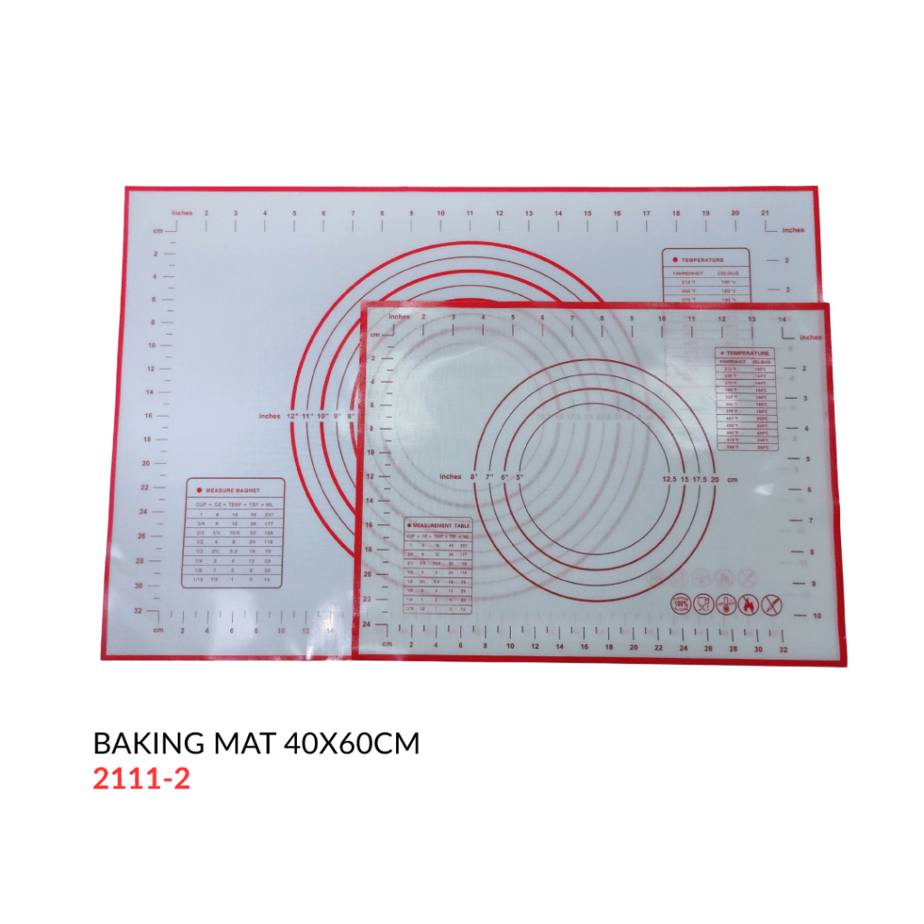 Two silicone baking mats with measurements, featuring circular guides for rolling dough, sizes 40x60cm and a smaller version.
