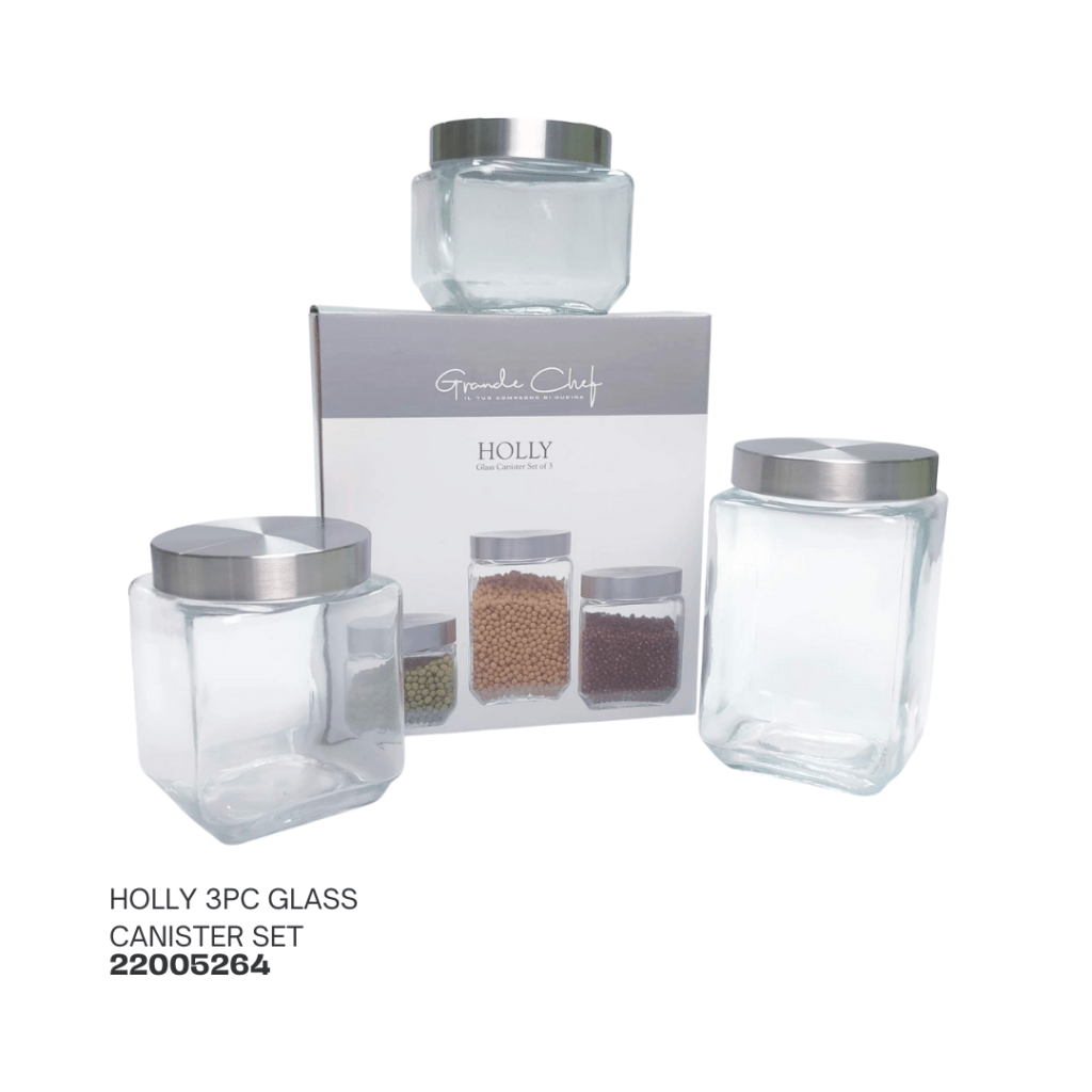 Holly 3-piece glass canister set featuring clear jars with stainless steel lids, displayed with packaging.