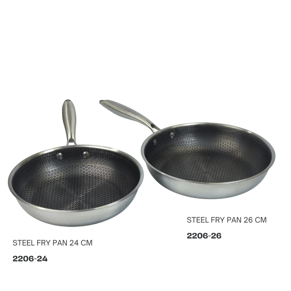 Two stainless steel fry pans, one measuring 24 cm and the other 26 cm, showcasing a textured interior.