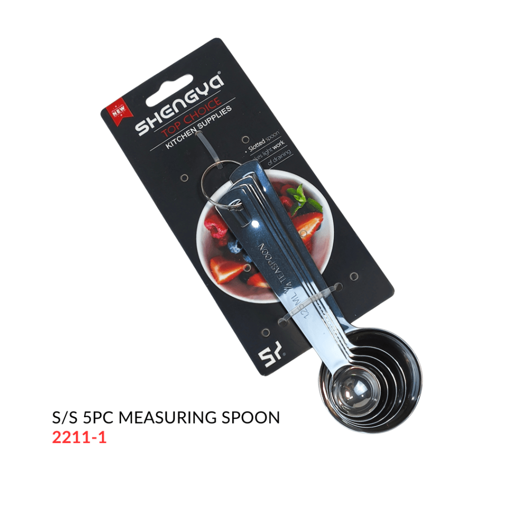 A set of stainless steel measuring spoons displayed on packaging, labeled as 'S/S 5PC MEASURING SPOON' with a white and black design featuring images of food.